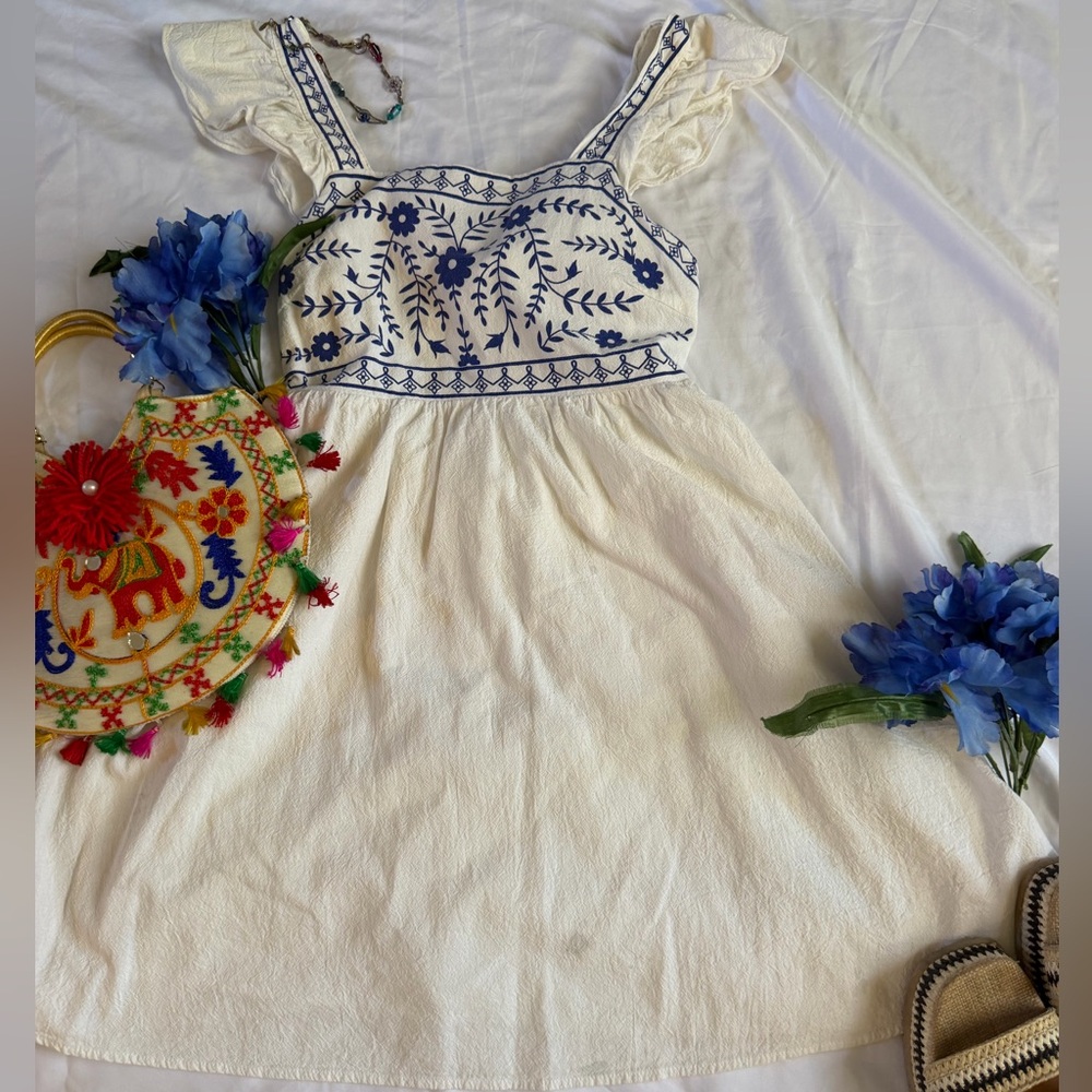 SHEIN White Dress with Blue Floral Embroidery
